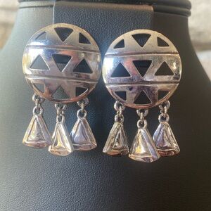 Silver Earrings Drop Dangle Geometric Round Ca 80’s 90’s Pierced Signed